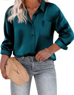 IN'VOLAND Damen Übergröße Satin Seide Knopfleiste Hemd V-Ausschnitt Langarm Casual Kragen Arbeit Bluse Tops mit Tasche, Pfauenblau, 46 plus von IN'VOLAND