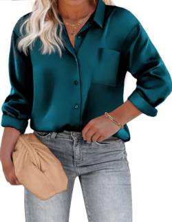 IN'VOLAND Damen Übergröße Satin Seide Knopfleiste Hemd V-Ausschnitt Langarm Casual Kragen Arbeit Bluse Tops mit Tasche, Pfauenblau, 50 Mehr von IN'VOLAND