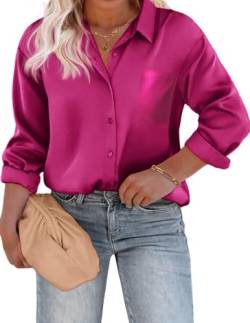 IN'VOLAND Damen Übergröße Satin Seide Knopfleiste Hemd V-Ausschnitt Langarm Casual Kragen Arbeit Bluse Tops mit Tasche, Rosenrot, 46 plus von IN'VOLAND