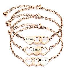 INBLUE 2～3 PCS Personalisierte Herzform Armbänder Set Bester Freund Name Angepasst 1～3 Namen Beste Freundin Geschenke für Frauen Freundschaft BFF Armbänder für 2～3 Schwestern (Roségold 3 Stück) von INBLUE