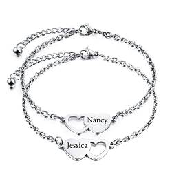 INBLUE 2～3 PCS Personalisierte Herzform Armbänder Set Bester Freund Name Angepasst 1～3 Namen Beste Freundin Geschenke für Frauen Freundschaft BFF Armbänder für 2～3 Schwestern (Silber 2 Stück) von INBLUE