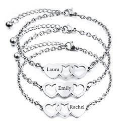 INBLUE 2～3 PCS Personalisierte Herzform Armbänder Set Bester Freund Name Angepasst 1～3 Namen Beste Freundin Geschenke für Frauen Freundschaft BFF Armbänder für 2～3 Schwestern (Silber 3 Stück) von INBLUE