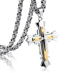 INBLUE Halskette Kreuz Herren Anhänger Edelstahl Schmuck Silber Schwarz Gold Coole Geschenke für Teenager Bruder Valentin Geschenke für Ehemann Freund Byzantinische Kette 76 CM von INBLUE