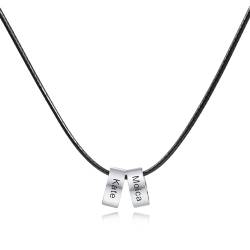 INBLUE Namenskette Herren Personalisierte Halskette 2–6 Perlen, Gedrehte Edelstahl Halskette, Gravur Name für Paar Familie Geburtstags Geschenke für Männer Freuen (Leder seil, Silber, 5 Perlen) von INBLUE