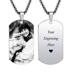 INBLUE Personalisierte Dog Tag Anhänger Halskette Gravur Text/Bilder/Erinnerung Foto Edelstahl Halskette für Männer Frauen Bündel mit verstellbarer Kette, Schlüsselanhänger, Schalldämpfer(Silberfarbe) von INBLUE