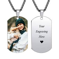 INBLUE Personalisierte Dog Tag Anhänger Halskette Gravur Text/Bilder/Erinnerung Foto Edelstahl Halskette für Männer Frauen Bündel mit verstellbarer Kette, Schlüsselanhänger, Schalldämpfer(Silberfarbe) von INBLUE