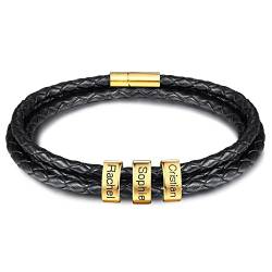 INBLUE Personalisierte Namen Armbänder Herren Gravur Lederarmband Edelstahl Goldne Perlen Anhänger Schmuck Geschenke für Männer Papa Familie Damen (Gold, 3 Perlen) von INBLUE