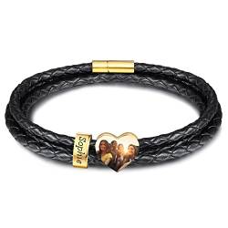 INBLUE Personalisierte Namen Armbänder Herren Gravur Lederarmband Edelstahl Goldne Perlen Anhänger Schmuck Geschenke für Männer Papa Familie Damen (Gold, Herz 1 Perle) von INBLUE