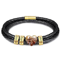 INBLUE Personalisierte Namen Armbänder Herren Gravur Lederarmband Edelstahl Goldne Perlen Anhänger Schmuck Geschenke für Männer Papa Familie Damen (Gold, Herz 4 Perle) von INBLUE