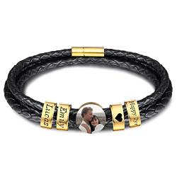 INBLUE Personalisierte Namen Armbänder Herren Gravur Lederarmband Edelstahl Goldne Perlen Anhänger Schmuck Geschenke für Männer Papa Familie Damen (Gold, Runde 4 Perle) von INBLUE