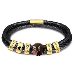 INBLUE Personalisierte Namen Armbänder Herren Gravur Lederarmband Edelstahl Goldne Perlen Anhänger Schmuck Geschenke für Männer Papa Familie Damen (Gold, Runde 5 Perle) von INBLUE