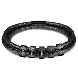 INBLUE Personalisierte Namen Armbänder Herren Gravur Lederarmband Edelstahl Schwarzne Perlen Anhänger Schmuck Geschenke für Männer Papa Familie Damen (Schwarz, 2 Perlen) von INBLUE