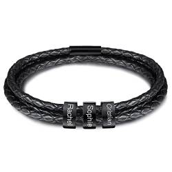 INBLUE Personalisierte Namen Armbänder Herren Gravur Lederarmband Edelstahl Schwarzne Perlen Anhänger Schmuck Geschenke für Männer Papa Familie Damen (Schwarz, 3 Perlen) von INBLUE