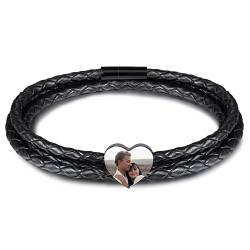 INBLUE Personalisierte Namen Armbänder Herren Gravur Lederarmband Edelstahl Schwarzne Perlen Anhänger Schmuck Geschenke für Männer Papa Familie Damen (Schwarz, Herz 1 Perle) von INBLUE