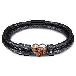 INBLUE Personalisierte Namen Armbänder Herren Gravur Lederarmband Edelstahl Schwarzne Perlen Anhänger Schmuck Geschenke für Männer Papa Familie Damen (Schwarz, Herz 3 Perle) von INBLUE