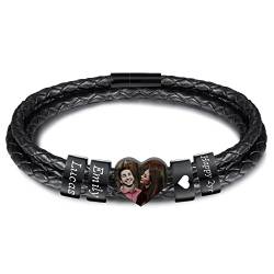 INBLUE Personalisierte Namen Armbänder Herren Gravur Lederarmband Edelstahl Schwarzne Perlen Anhänger Schmuck Geschenke für Männer Papa Familie Damen (Schwarz, Herz 4 Perle) von INBLUE