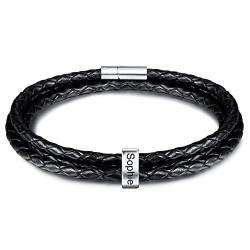 INBLUE Personalisierte Namen Armbänder Herren Gravur Lederarmband Edelstahl Silberne Perlen Anhänger Schmuck Geschenke für Männer Papa Familie Damen (Silber, 1 Perle) von INBLUE