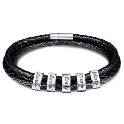 INBLUE Personalisierte Namen Armbänder Herren Gravur Lederarmband Edelstahl Silberne Perlen Anhänger Schmuck Geschenke für Männer Papa Familie Damen (Silber, 5 Perlen) von INBLUE