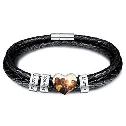 INBLUE Personalisierte Namen Armbänder Herren Gravur Lederarmband Edelstahl Silberne Perlen Anhänger Schmuck Geschenke für Männer Papa Familie Damen (Silber, Herz 2 Perle) von INBLUE