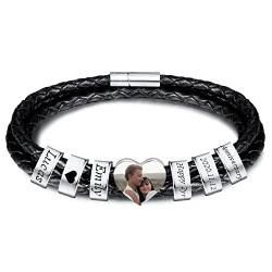 INBLUE Personalisierte Namen Armbänder Herren Gravur Lederarmband Edelstahl Silberne Perlen Anhänger Schmuck Geschenke für Männer Papa Familie Damen (Silber, Herz 6 Perle) von INBLUE