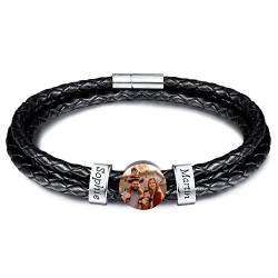 INBLUE Personalisierte Namen Armbänder Herren Gravur Lederarmband Edelstahl Silberne Perlen Anhänger Schmuck Geschenke für Männer Papa Familie Damen (Silber, Runde 2 Perle) von INBLUE