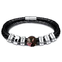 INBLUE Personalisierte Namen Armbänder Herren Gravur Lederarmband Edelstahl Silberne Perlen Anhänger Schmuck Geschenke für Männer Papa Familie Damen (Silber, Runde 6 Perle) von INBLUE