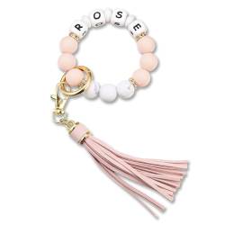 INBLUE Personalisierte Silikon Initialen Perlen Armband Schlüsselanhänger mit Leder Quaste Tasche Schlüssel Accessoire Geschenk für Frauen Schwester Mutter - Rosa von INBLUE