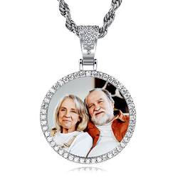 INBLUE Personalisierter Hip-Hop Erinnerung Foto Halskette Anhänger Text Gravierter für Männer Frauen Kupfer Engelsflügel Runde & Herz Medaille Tennis Seil Kette Schmuck Geschenk (Silber, 46cm) von INBLUE