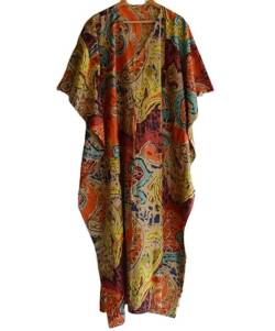 INDACORIFIE Jaipuri Art Cotton Handmade Kaftan Dress Indian Hand Block Print Nachtwäsche Maxikleid Kimono Robe, Damen Strand Cover Up Damen Nachtkleid Multi von INDACORIFIE