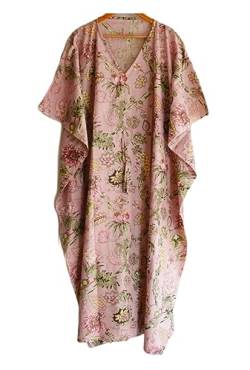 INDACORIFY Blockprint Baumwoll-Kaftan-Kleid, floral Bedruckte Damen-Schneiderei, handgemachter indischer Langer Kaftan-Anzug, wunderschönes Strandkleid (Design-4) von INDACORIFY