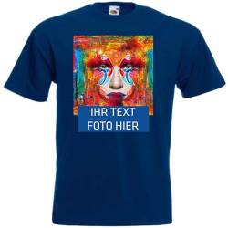 T-Shirt Herren - Navyblau M - Aufdruck individuell - mit Foto Bedruckt - Wunschtext - Druck personalisiert - Geschenk für Party Sport von INDIGOS UG