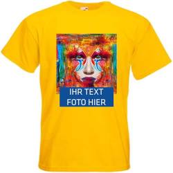 T-Shirt Herren - gelb L - Aufdruck individuell - mit Foto Bedruckt - Wunschtext - Druck personalisiert - Geschenk für Party Sport von INDIGOS UG