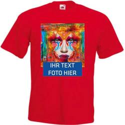 T-Shirt Herren - rot L - Aufdruck individuell - mit Foto Bedruckt - Wunschtext - Druck personalisiert - Geschenk für Party Sport von INDIGOS UG