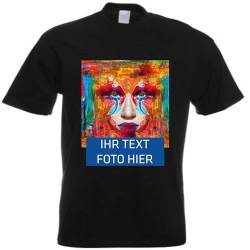 T-Shirt Herren - schwarz L - Aufdruck individuell - mit Foto Bedruckt - Wunschtext - Druck personalisiert - Geschenk für Party Sport von INDIGOS UG