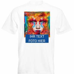 T-Shirt Herren - weiß M - Aufdruck individuell - mit Foto Bedruckt - Wunschtext - Druck personalisiert - Geschenk für Party Sport von INDIGOS UG