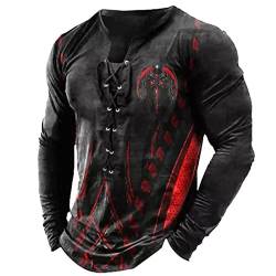 Herren Henley Hemden Vintage Rot Drachen Muster Tops Distressed Lace Up Bluse Langarm Distressed Outdoor Tee Shirts Gym Shirts von INDIRAN