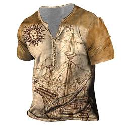 Herren Schiff 3D-gedruckte T-Shirts Vintage Kurzarm-Henley-Hemd im Freien Taktisches T-Shirt von INDIRAN