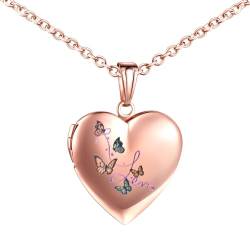 INFINIONLY Damen Mädchen Herz Medaillons Halskette Mode Edelstahl Ketten mit Bunter Schmetterling Souvenir Anhänger Personalisierte Foto Kette, Rosegold von INFINIONLY