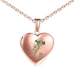 INFINIONLY Damen Mädchen Herz Medaillons Halskette Mode Edelstahl Ketten mit Buntes Quallen Muster Anhänger Personalisierte Foto Kette Souvenir Anhänger, Rosegold von INFINIONLY