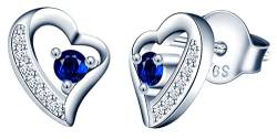 INFINIONLY Damen und Mädchen Herz Ohrringe, 925 Sterling silber ohrringe, 3-Steg-Krappenfassung Diamant Herz Ohrringe, Bunte zirkon ohrstecker, Perfekter Schneidprozess, blau zirkon von INFINIONLY