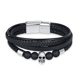 INFINIONLY Herren Mehrschichtiges Geflochtenes Leder Armband Fashion Edelstahl Perlen Armbänder mit Mini Totenkopf für Jungen mit Edelstahl Schnalle von INFINIONLY