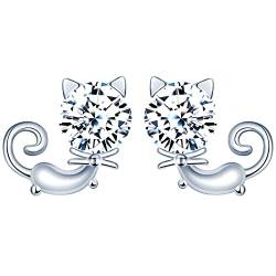 INFINIONLY Zartes Katzen Diamant Ohrringe, 925 Sterling Silber Ohrringe für Damen Mädchen, Niedliche Katze mit Zirkonia Ohrstecker, Hypoallergen Ohrschmuck von INFINIONLY