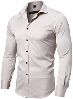 INFLATION Herren Hemd Aus Bambusfaser umweltfreudlich Elastisch Slim Fit für Freizeit Business Hochzeit Reine Farbe Hemd Langarm Herren-Hemd, Gr. XXL (Etikette 44), Beige von INFLATION