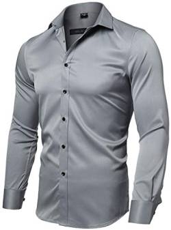 INFLATION Herren Hemd Aus Bambusfaser umweltfreudlich Elastisch Slim Fit für Freizeit Business Hochzeit Reine Farbe Hemd Langarm Herren-Hemd, Gr. XXL (Etikette 44), Grau von INFLATION