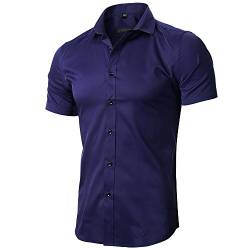 INFLATION Herren Hemd aus Bambusfaser umweltfreudlich Elastisch Slim Fit für Freizeit Business Hochzeit Reine Farbe Hemd Kurzarm Herren-Hemd Navyblau DE XXS (Etikette 38) von INFLATION