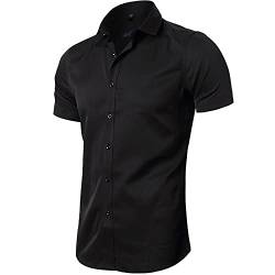 INFLATION Herren Hemd aus Bambusfaser umweltfreudlich Elastisch Slim Fit für Freizeit Business Hochzeit Reine Farbe Hemd Kurzarm Herren-Hemd Schwarz DE 2XL (Etikette 44) von INFLATION