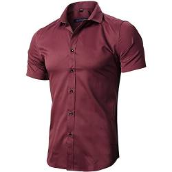 INFLATION Herren Hemd aus Bambusfaser umweltfreudlich Elastisch Slim Fit für Freizeit Business Hochzeit Reine Farbe Hemd Kurzarm Herren-Hemd Weinrot DE 2XL (Etikette 44) von INFLATION