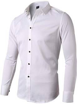 INFlATION Herren Hemd aus Bambusfaser umweltfreudlich Elastisch Slim Fit für Freizeit Business Hochzeit Reine Farbe Hemd Langarm,DE L (Etikette 42),Weiß von INFLATION