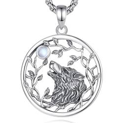 INFUSEU Wolf Kette, 925 Sterling Silber Tierliebhaber Anhänger Schmuck Wikinger Halskette Wolf Totem Amulett Mondstein Anhänger Odins Wölfe Medaillon Geschenke für Frauen Herren von INFUSEU