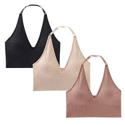 INIBUD Ärmelloses Neckholder-Top für Frauen, nahtlose Sport-Bralette, bauchfreie BHs mit verstellbarem Träger, Workout, Schwarz & Beige & Braun Sugar, small von INIBUD